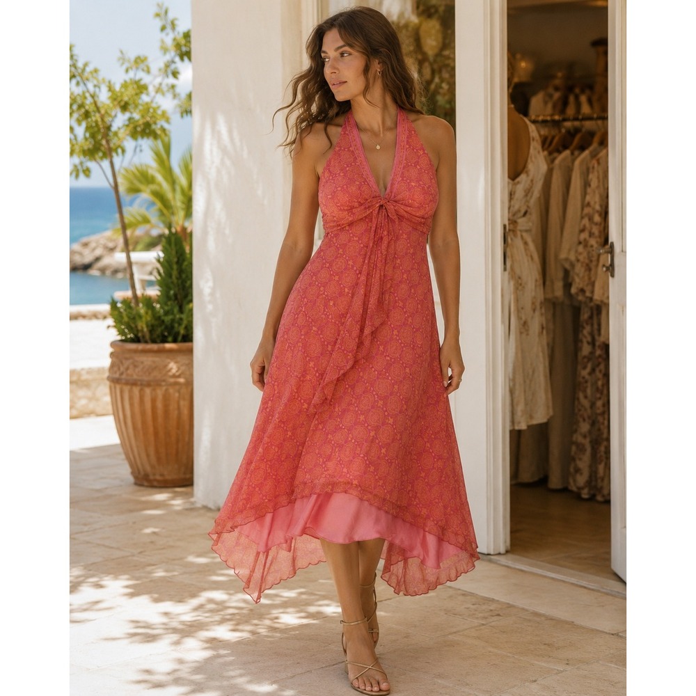 Laundry by Shelli Segal Pink Orange Paisley Silk Halter High Low Dress Size 10